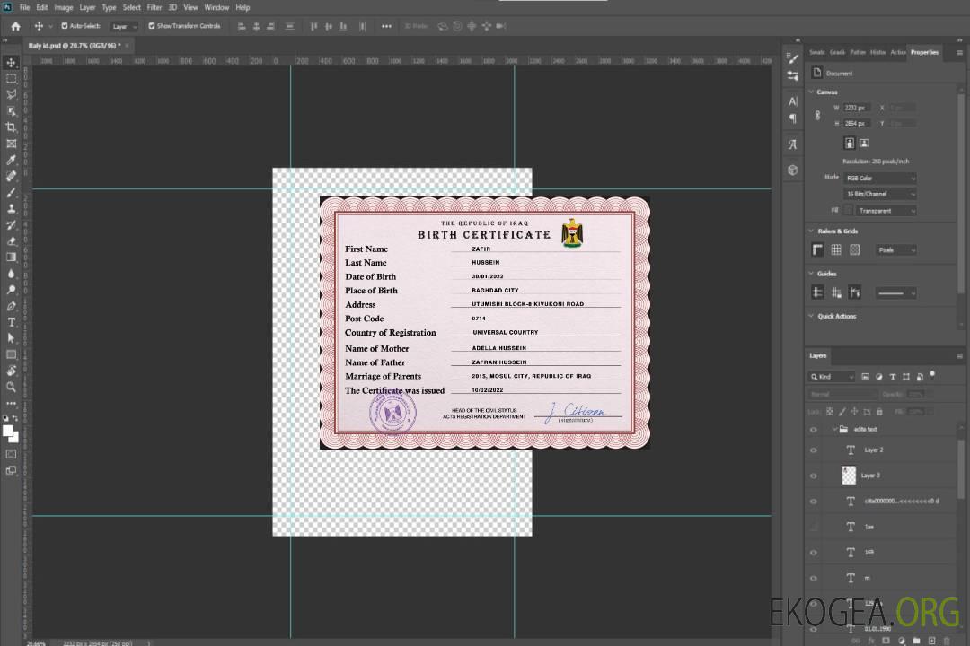 Modèle PSD de certificat de naissance d'acte d'état civil en Irak template Modèle PSD de certificat de naissance d'acte d'état civil en Irak template